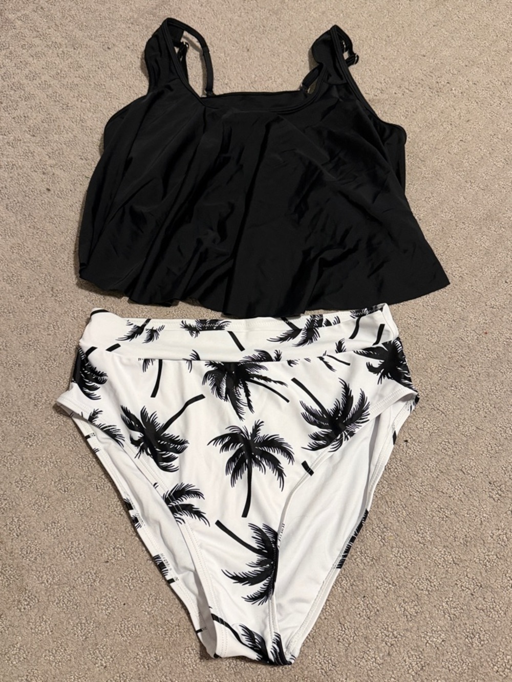 Black Tankini Top with White Palm-Print High-Waist Bottoms